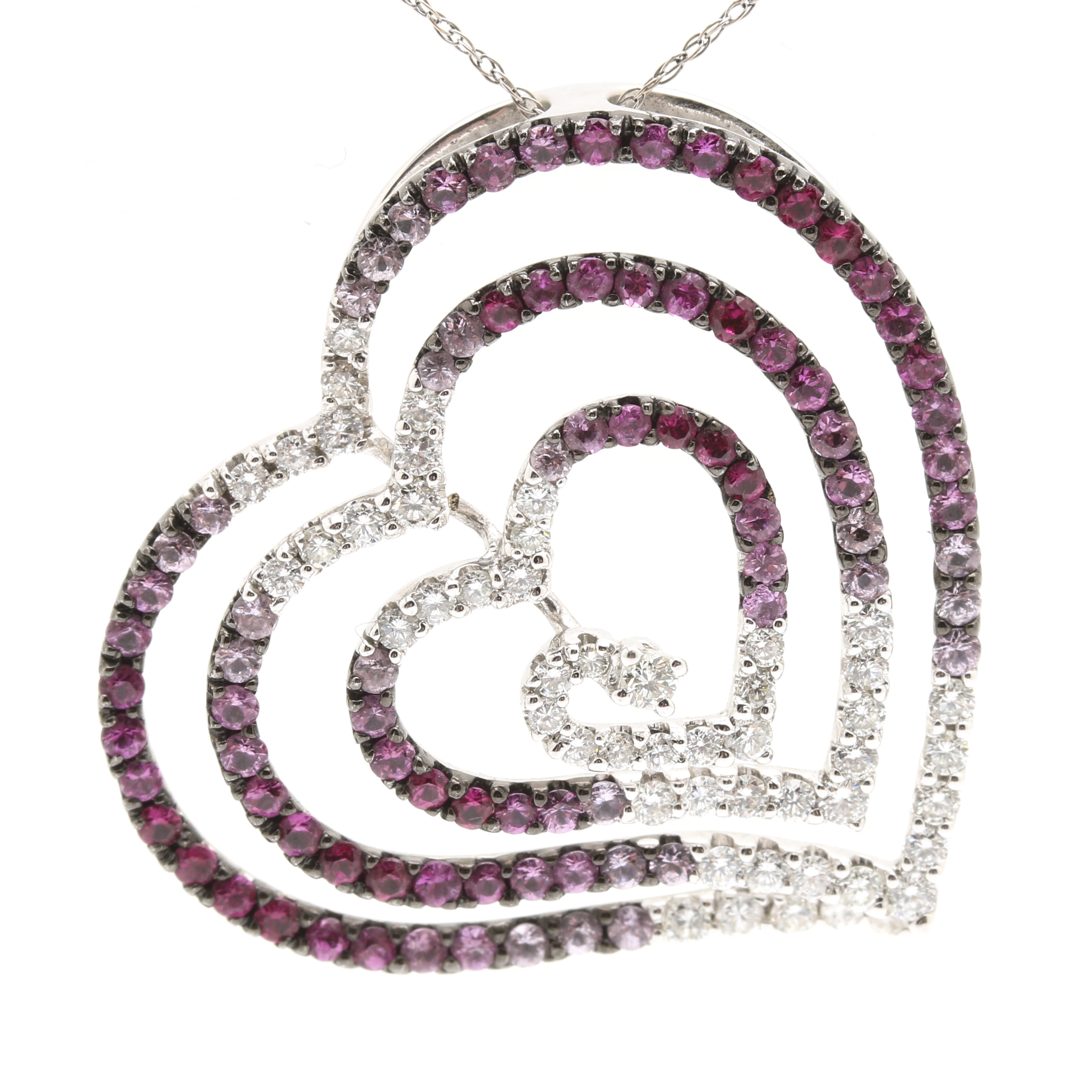18K White Gold Diamond, Pink Sapphire, and Ruby Pendant With 14K White Gold Chai