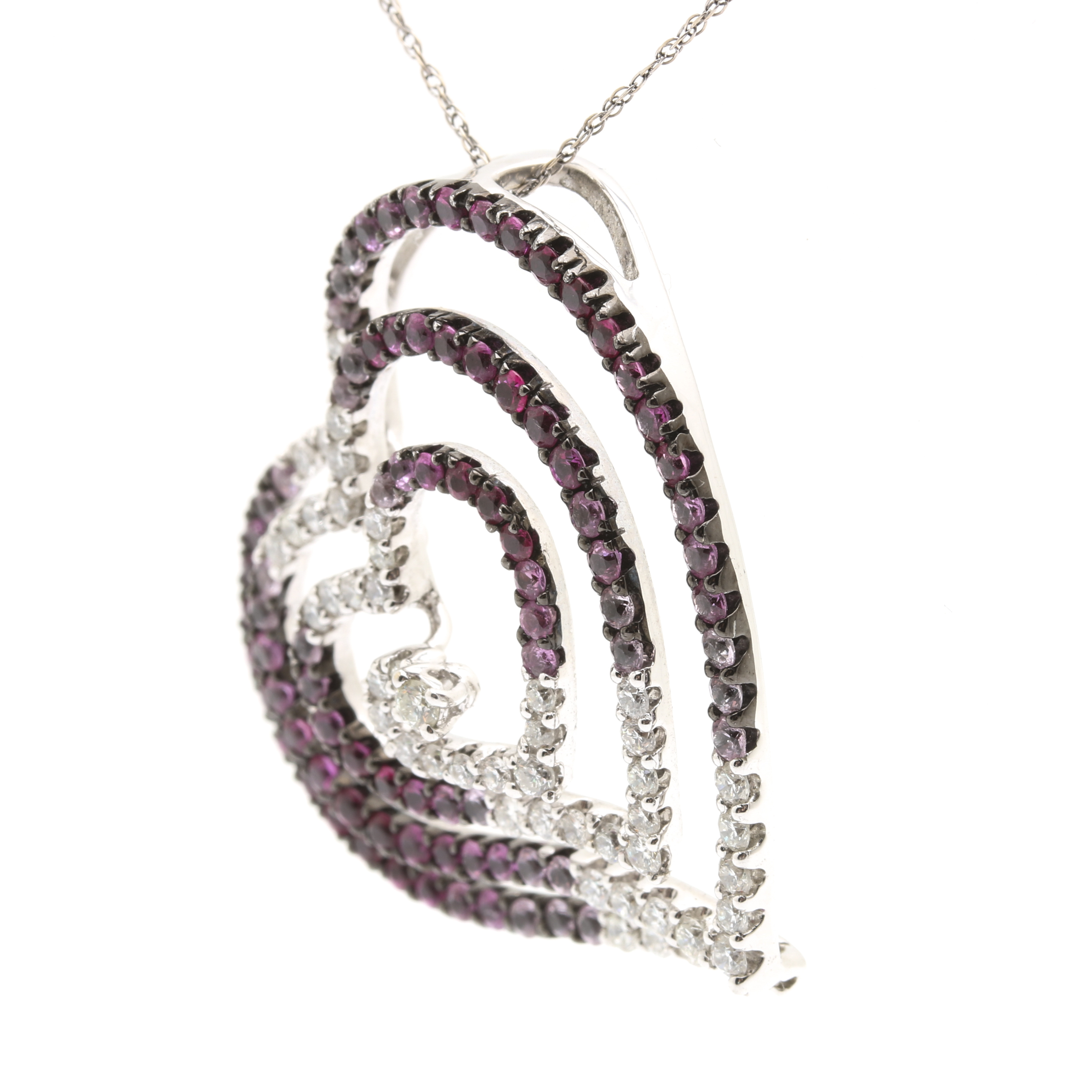 18K White Gold Diamond, Pink Sapphire, and Ruby Pendant With 14K White Gold Chai