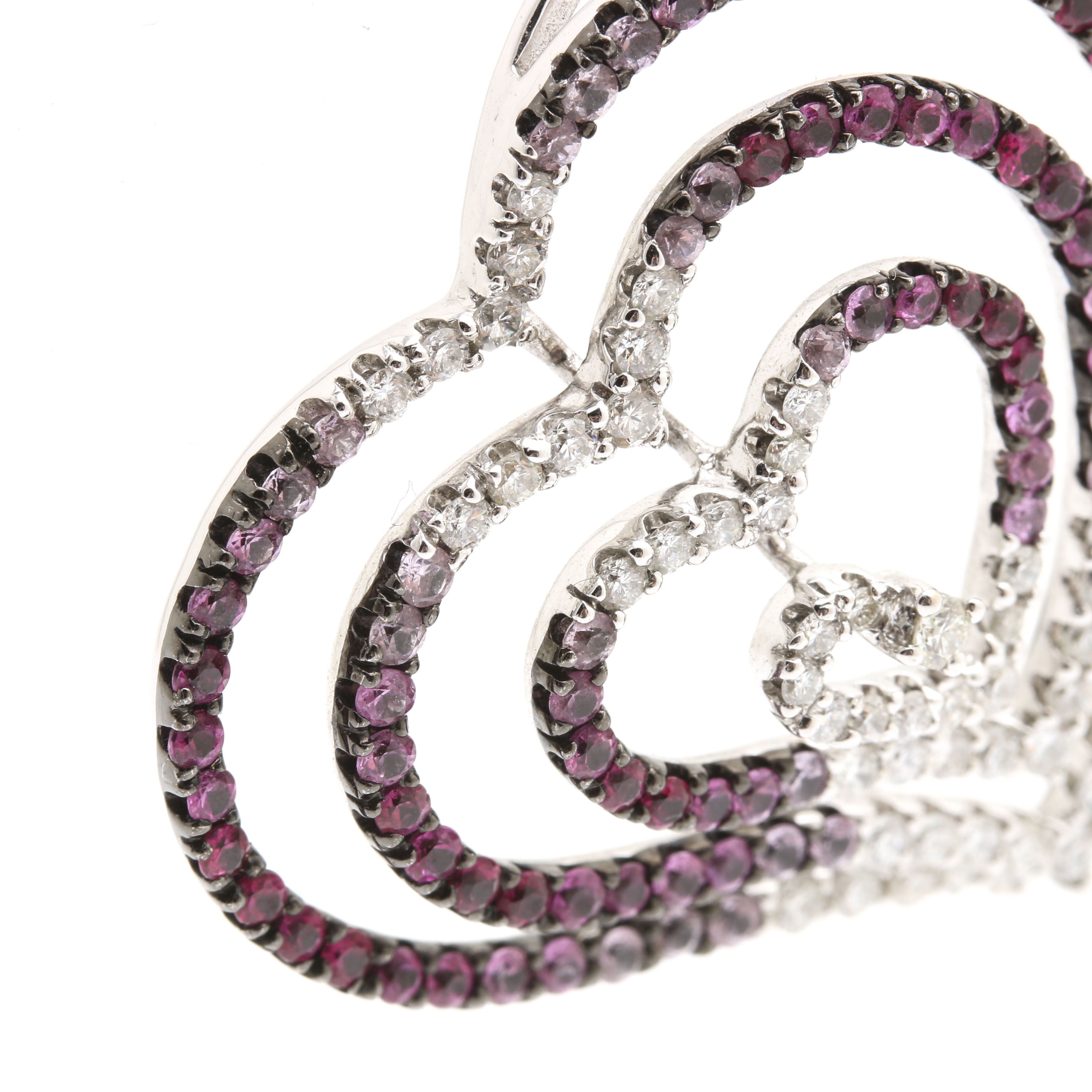 18K White Gold Diamond, Pink Sapphire, and Ruby Pendant With 14K White Gold Chai
