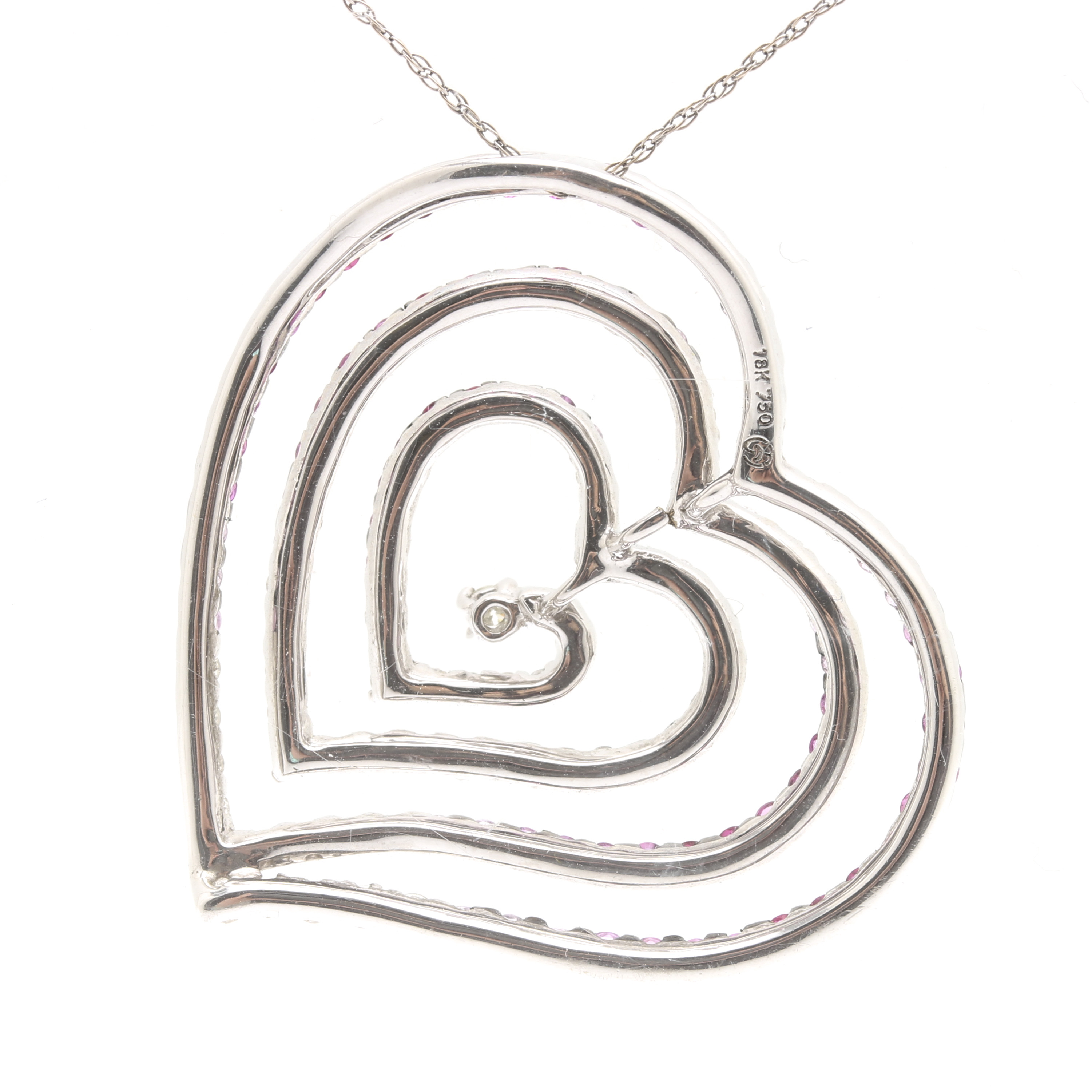 18K White Gold Diamond, Pink Sapphire, and Ruby Pendant With 14K White Gold Chai