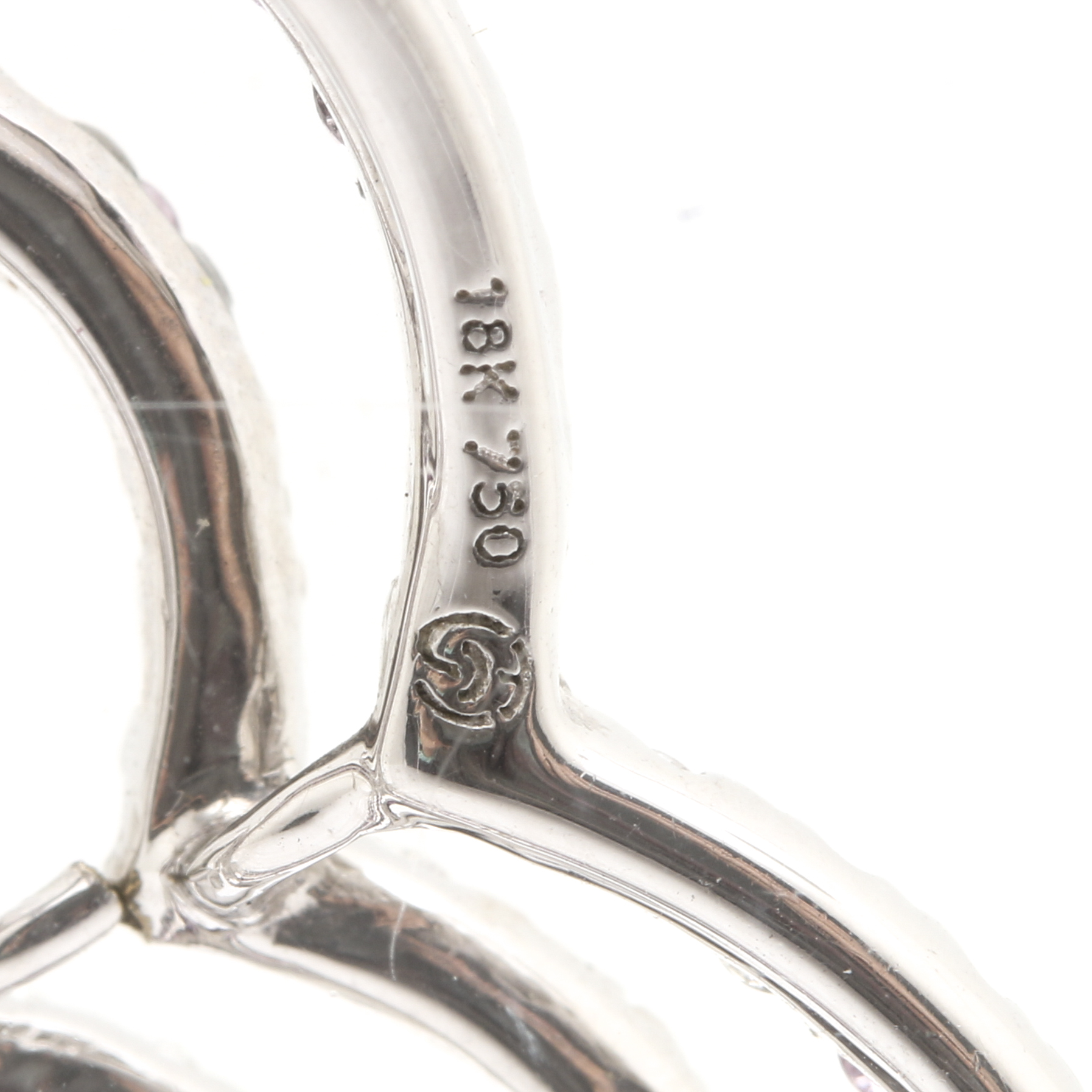 18K White Gold Diamond, Pink Sapphire, and Ruby Pendant With 14K White Gold Chai