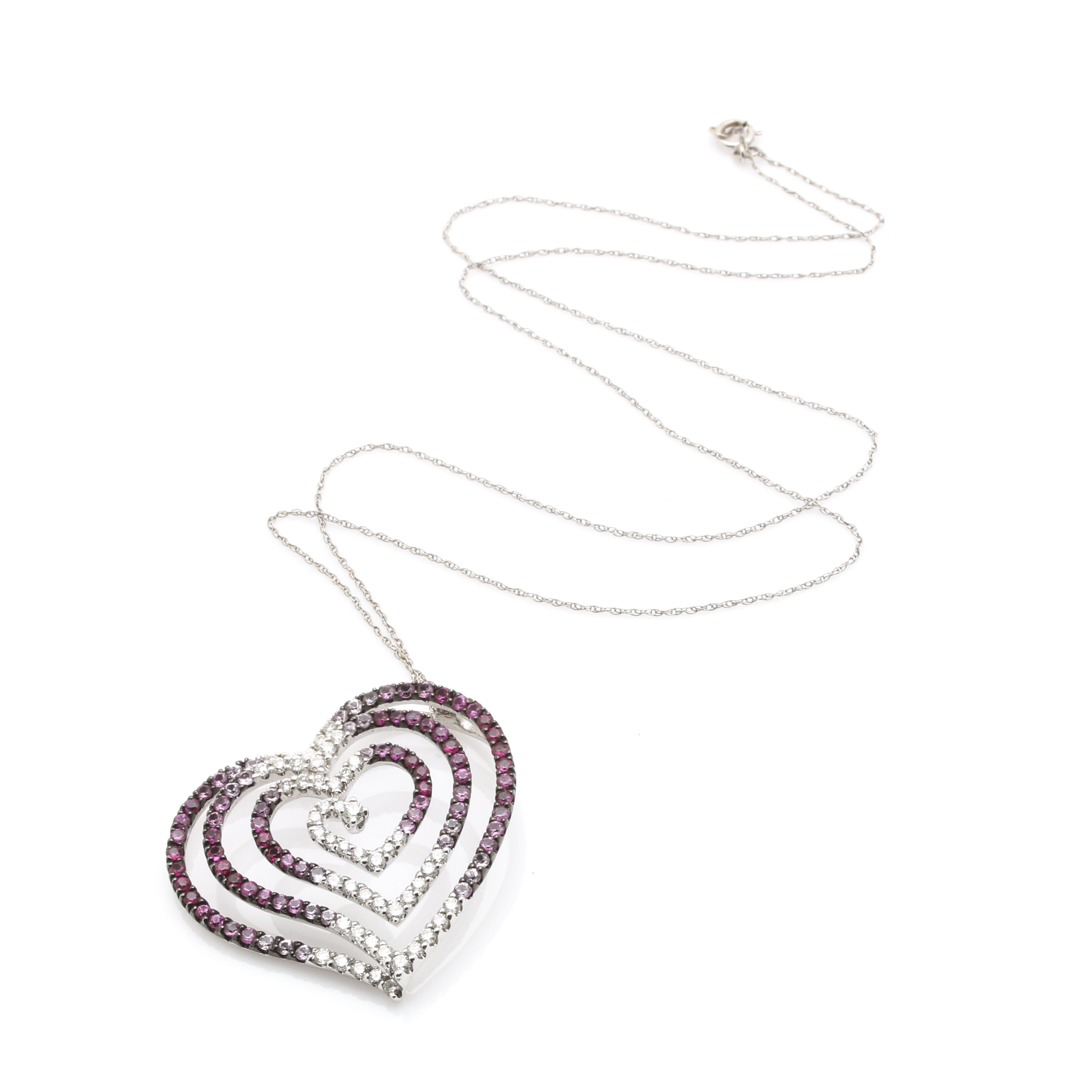 18K White Gold Diamond, Pink Sapphire, and Ruby Pendant With 14K White Gold Chai