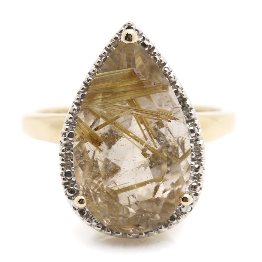 10K Yellow Gold Rutilated Quartz and Diamond Ring