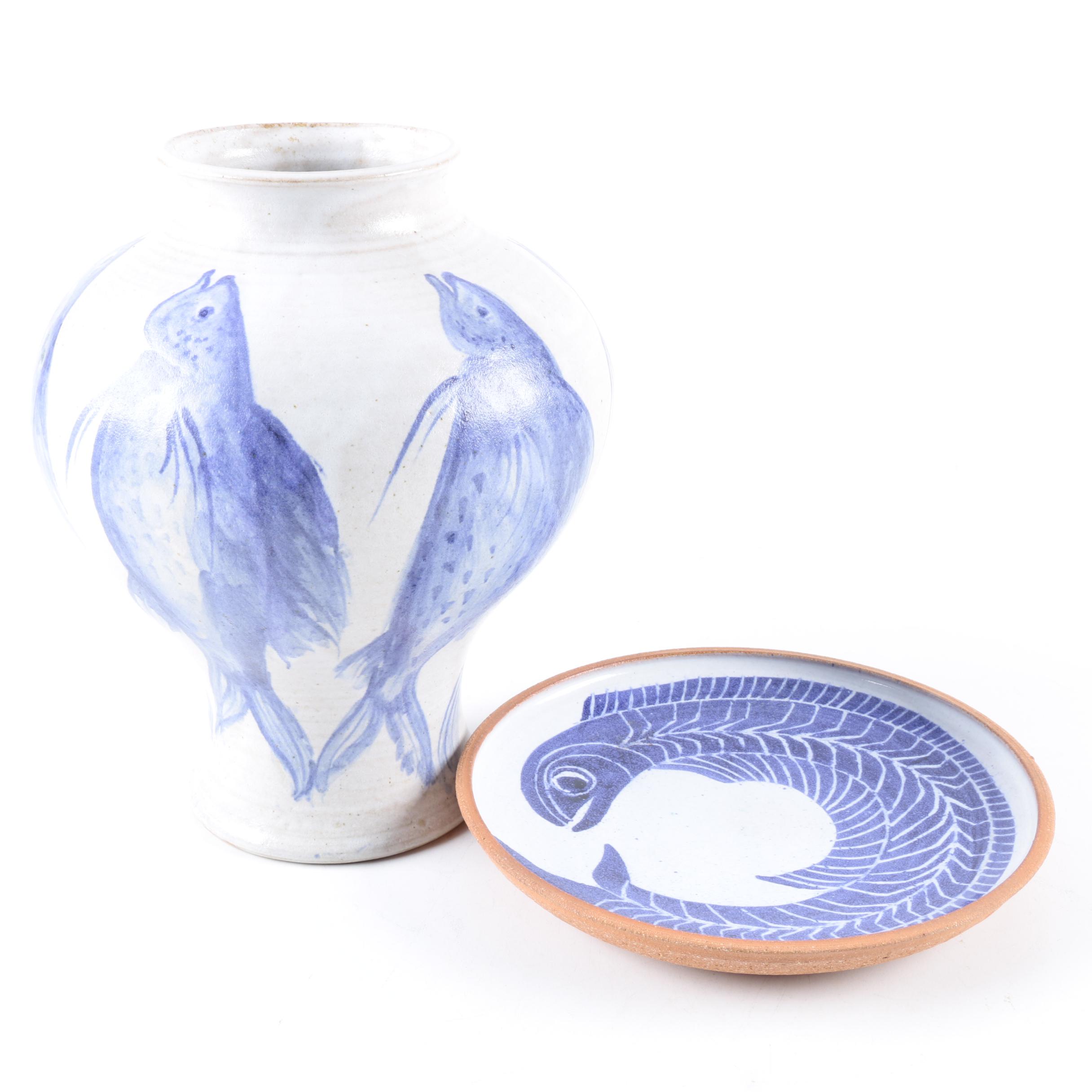Blue and White Ceramic Vase and Plate