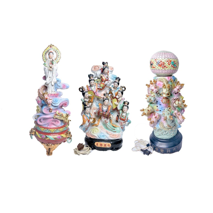 Assortment of Whimsical Chinese Porcelain Decor including Lamps