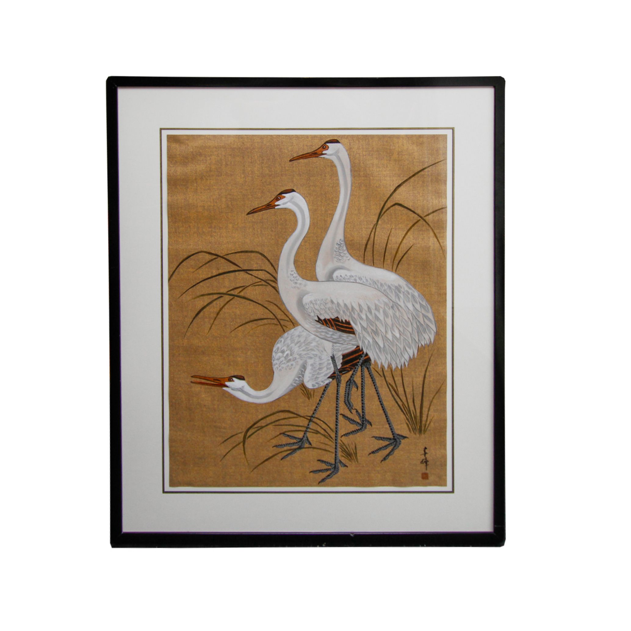 Vintage East Asian Tempera Painting on Silk of Cranes