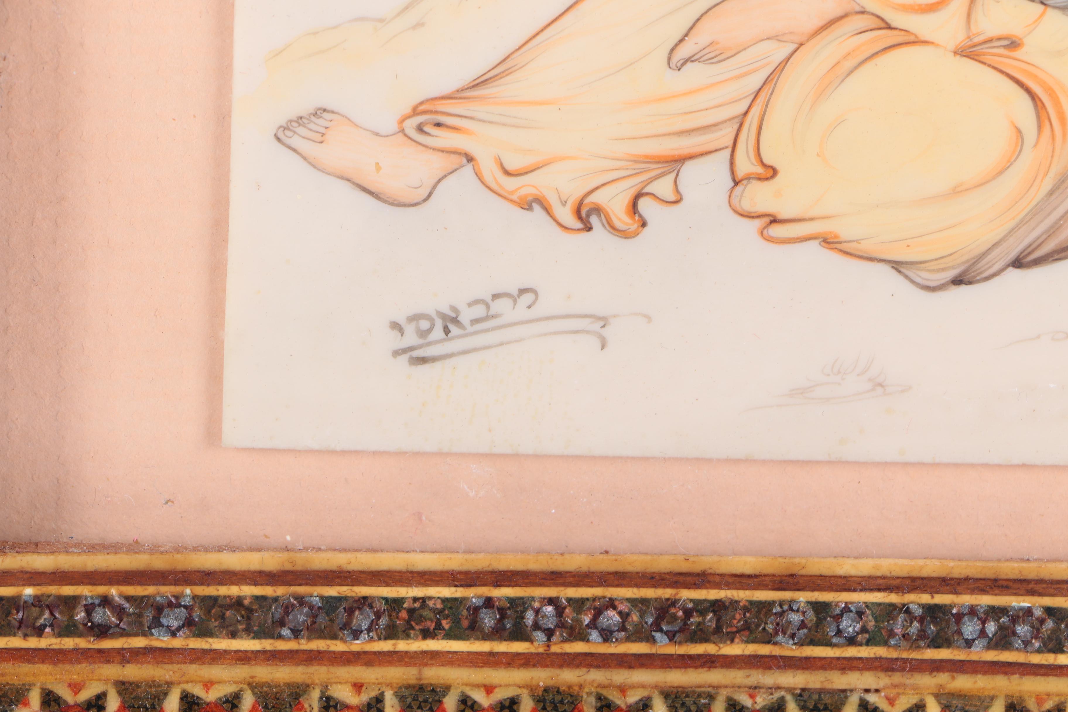 Watercolor on Plastic Panel of Angel and Male Figure with Hebrew Inscription