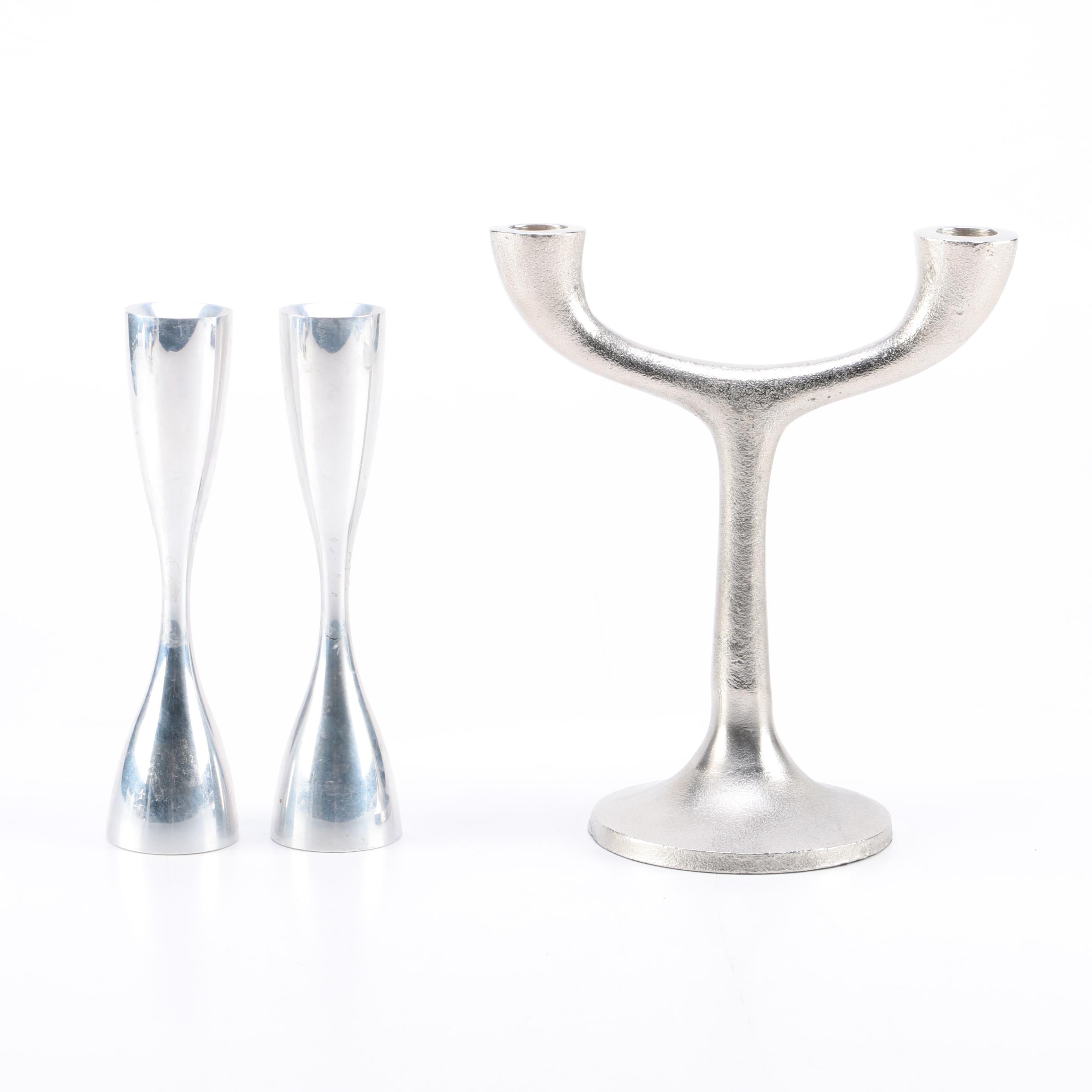 Collection of Silver Tone Candlestick Holders Featuring Nambe