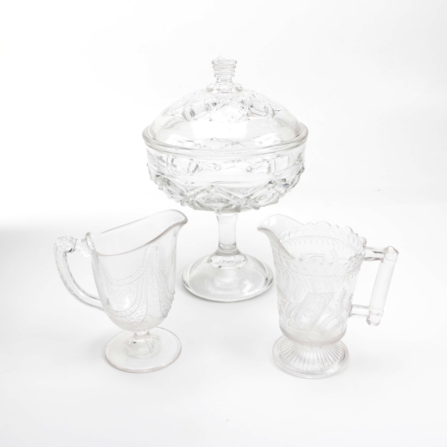 Pressed Glass Creamers and Candy Dish