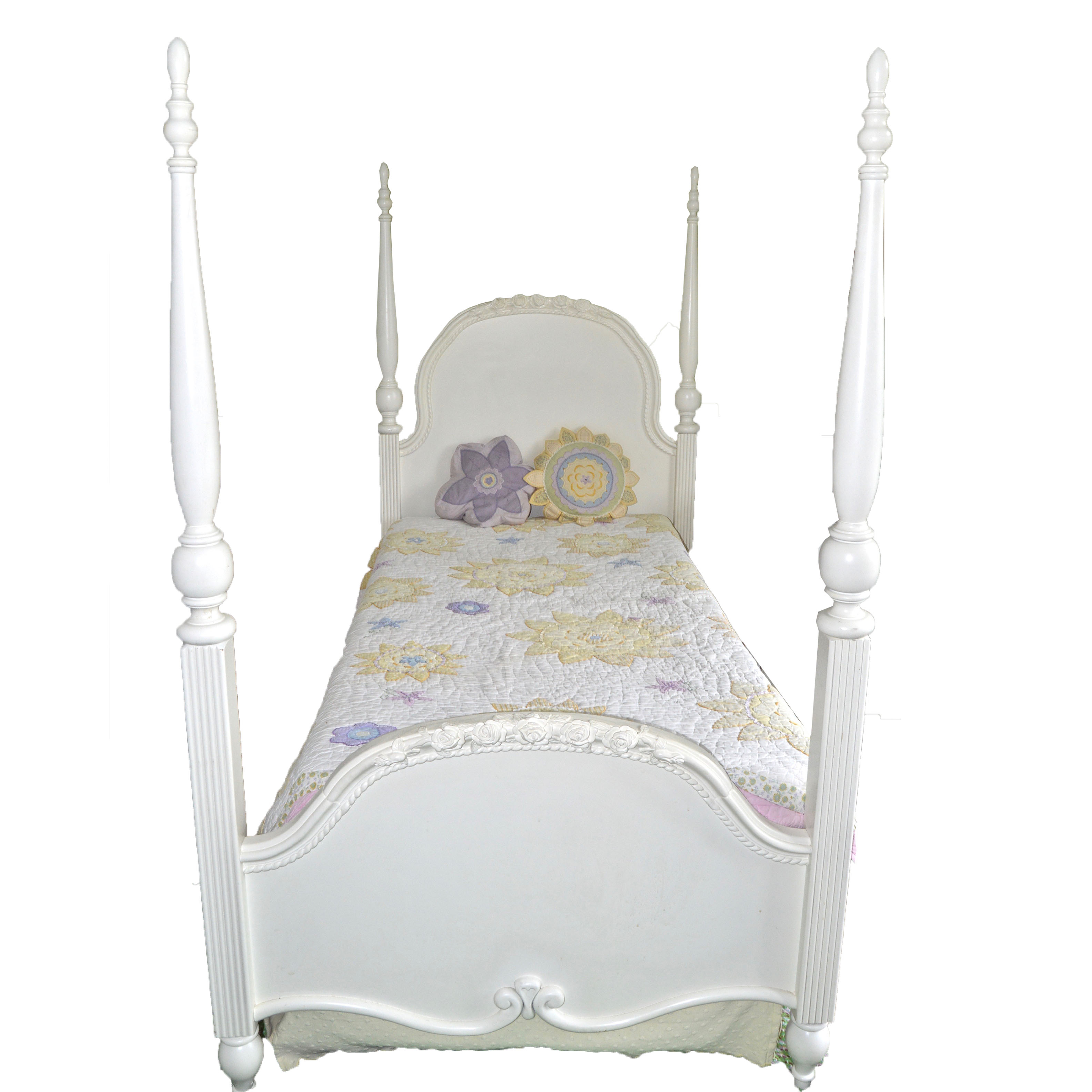 Shabby Chic Style Twin Size Poster Bed, Quilt, and Accessories