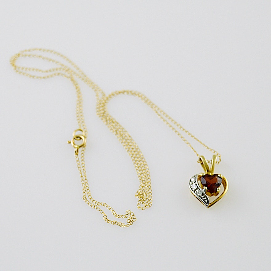 14K Gold, Diamond and Garnet Heart Pendant Necklace