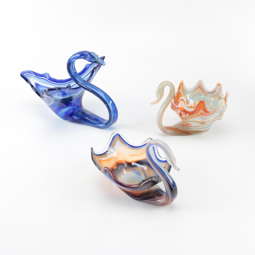 Striped Swan-Shaped Art Glass Bowls