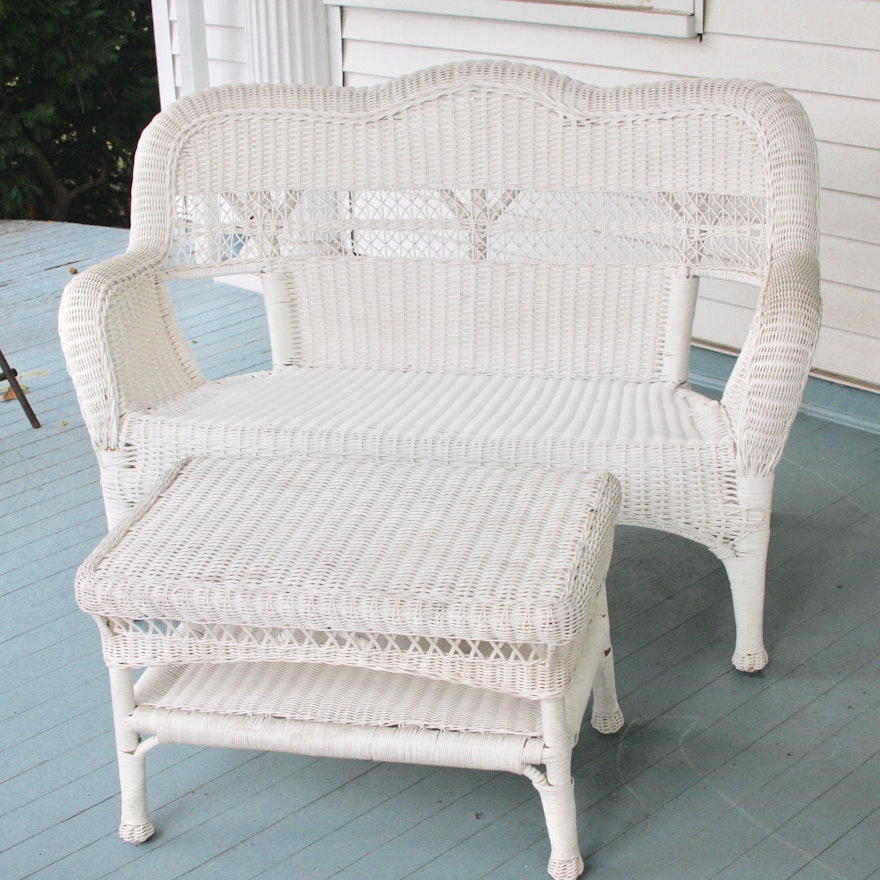 White Resin Wicker Patio Loveseat and Coffee Table