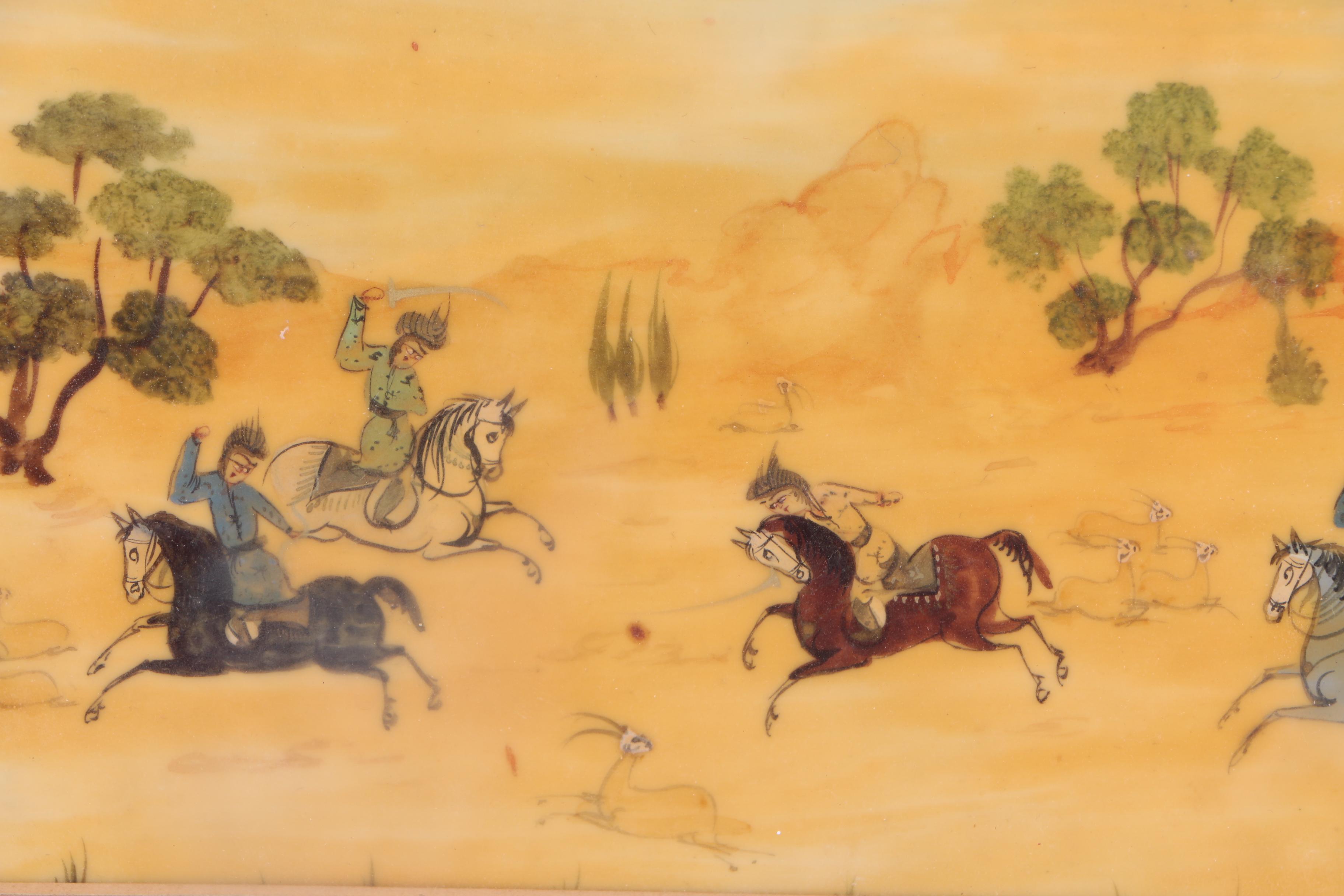 Watercolor and Gouache Painting on Plastic of Indo-Persian Hunting Scene