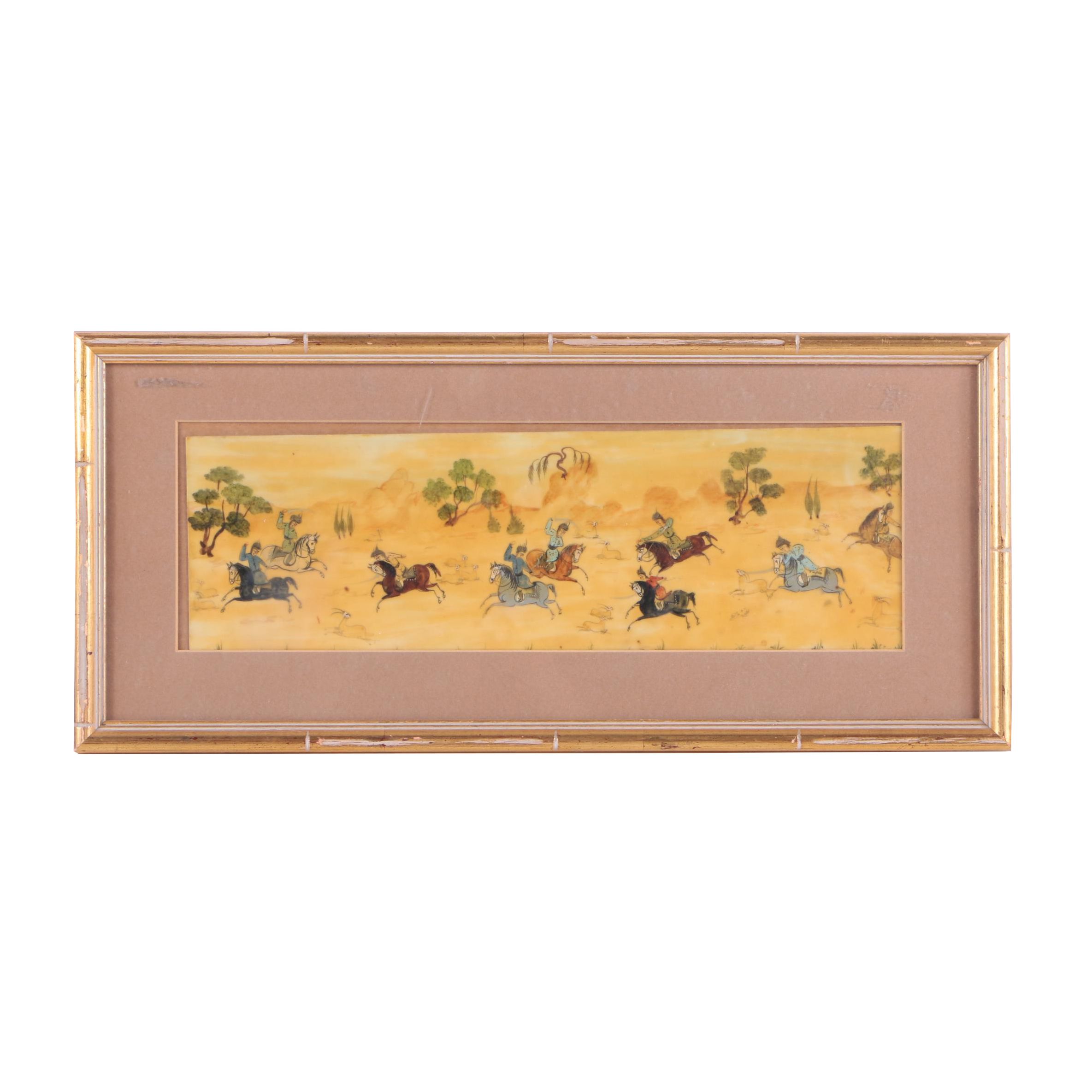 Watercolor and Gouache Painting on Plastic of Indo-Persian Hunting Scene