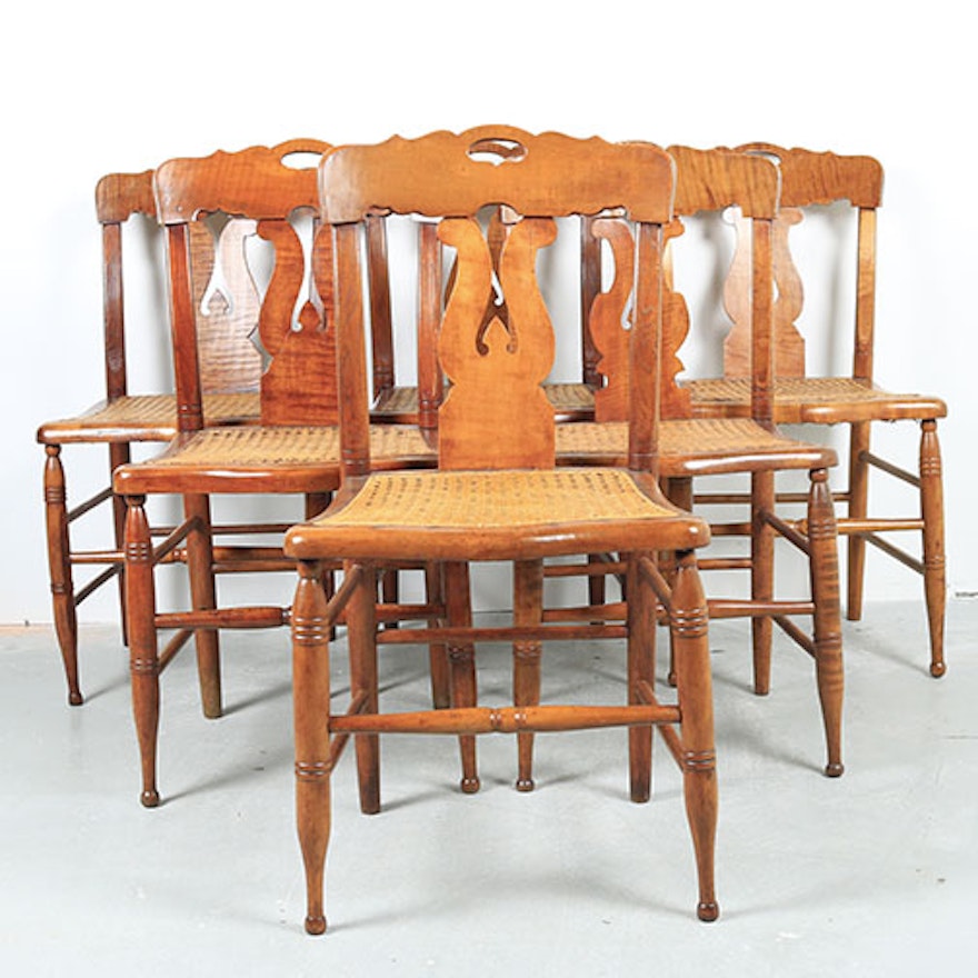 Set of Six Tiger Maple and Rattan Dining Chairs