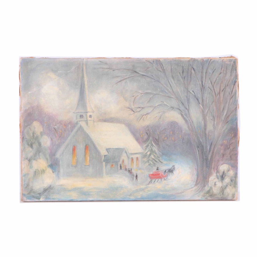 May Starnes 1960 Oil Painting on Canvas of Winter Scene with Church and Sleigh