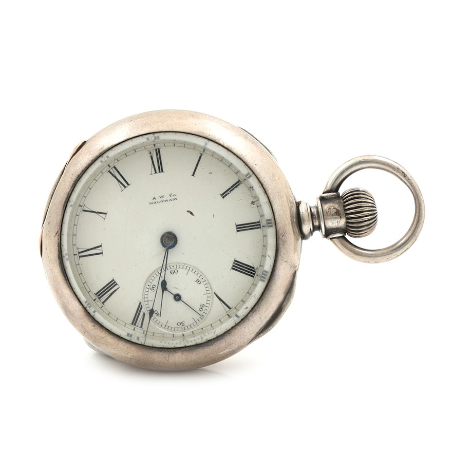 Antique Open Face Sidewinder A.W. Co. Waltham Coin Silver Pocket Watch