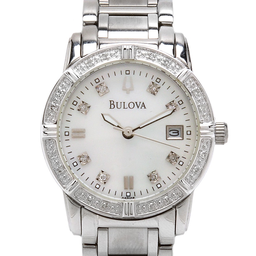 Bulova Stainless Steel Diamond Bezel Wristwatch