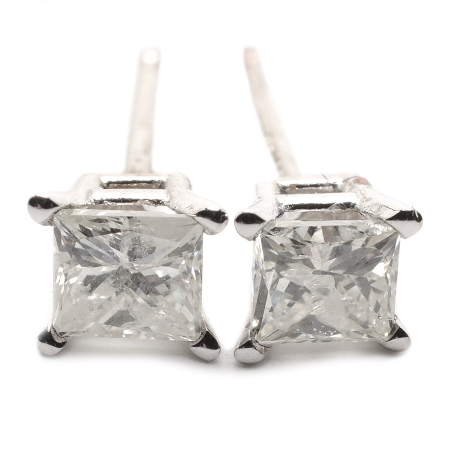 14K White Gold Princess Cut Diamond Stud Earrings