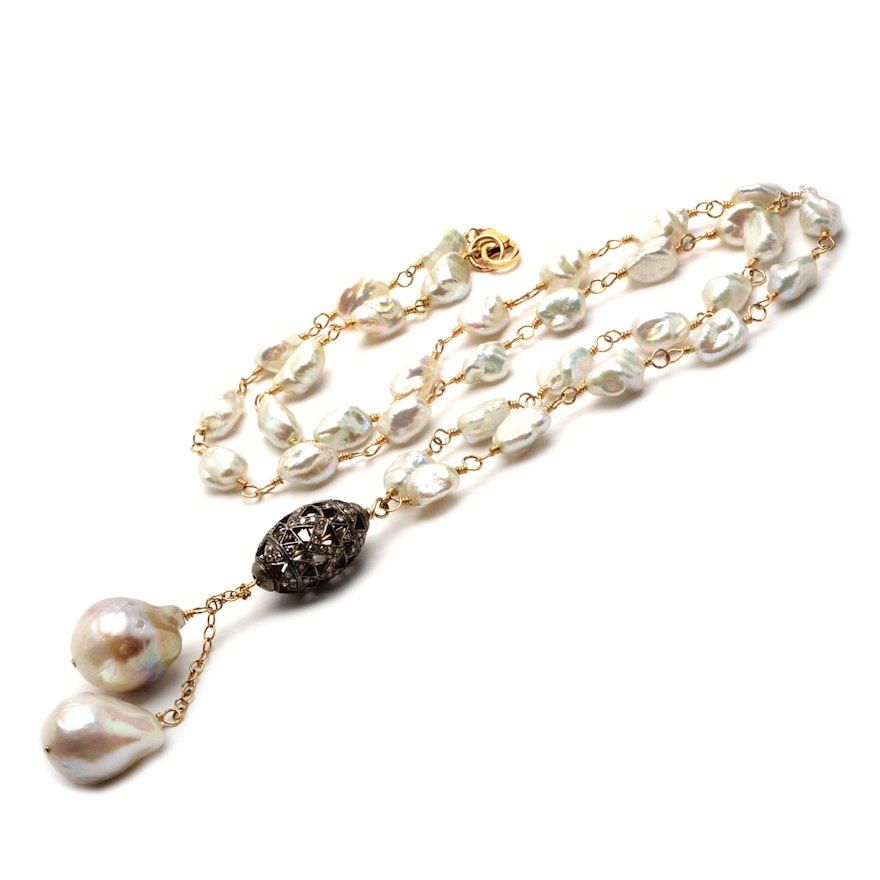 Wendy Brigode Cultured Pearl and Diamond Necklace