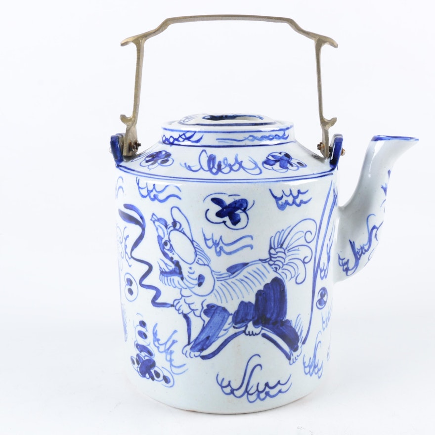 Blue And White Guardian Lion Ceramic Teapot