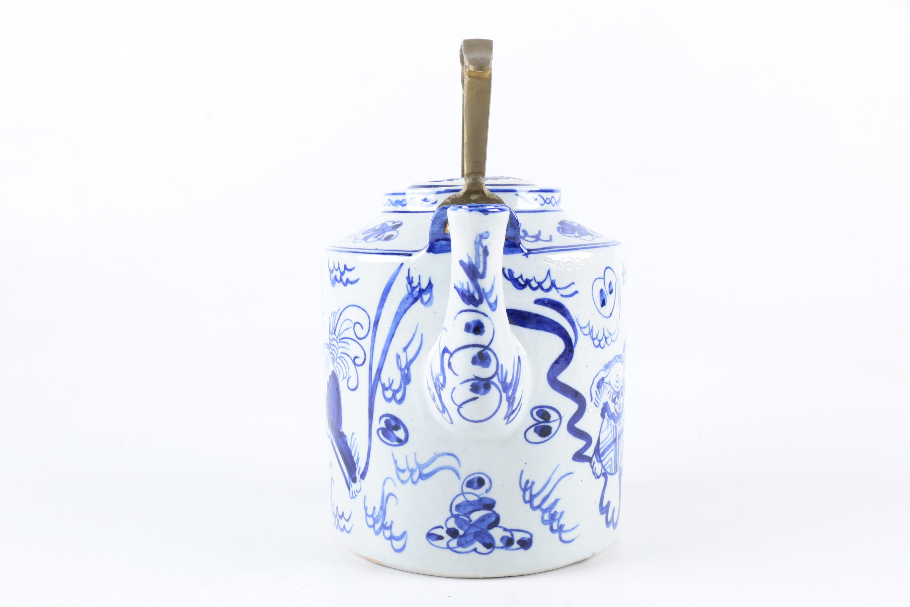 Blue And White Guardian Lion Ceramic Teapot