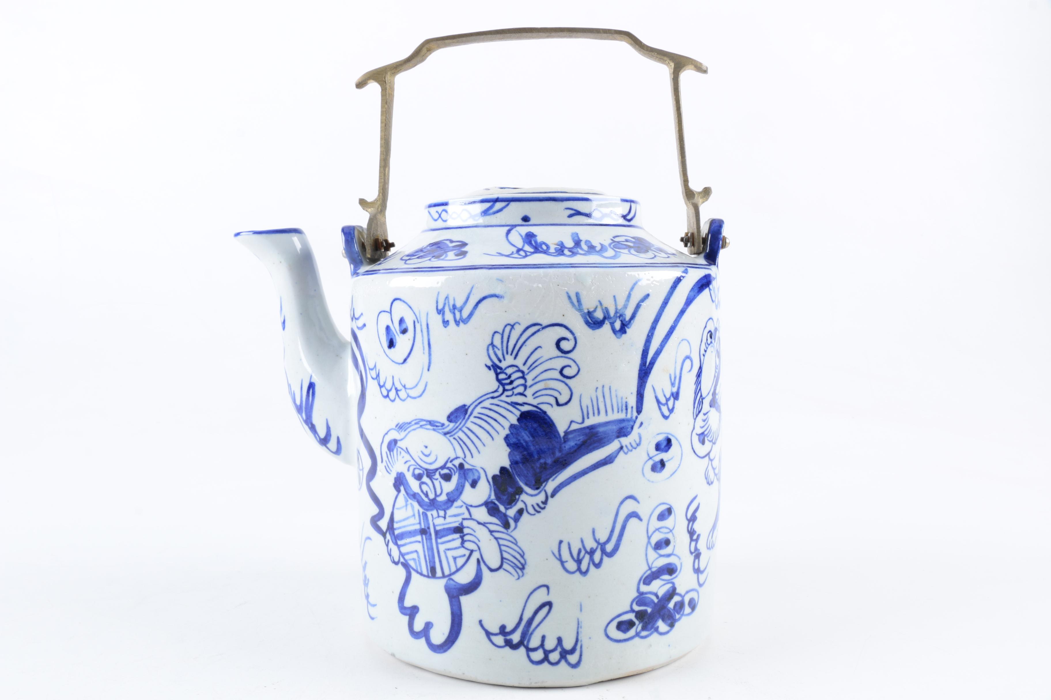 Blue And White Guardian Lion Ceramic Teapot