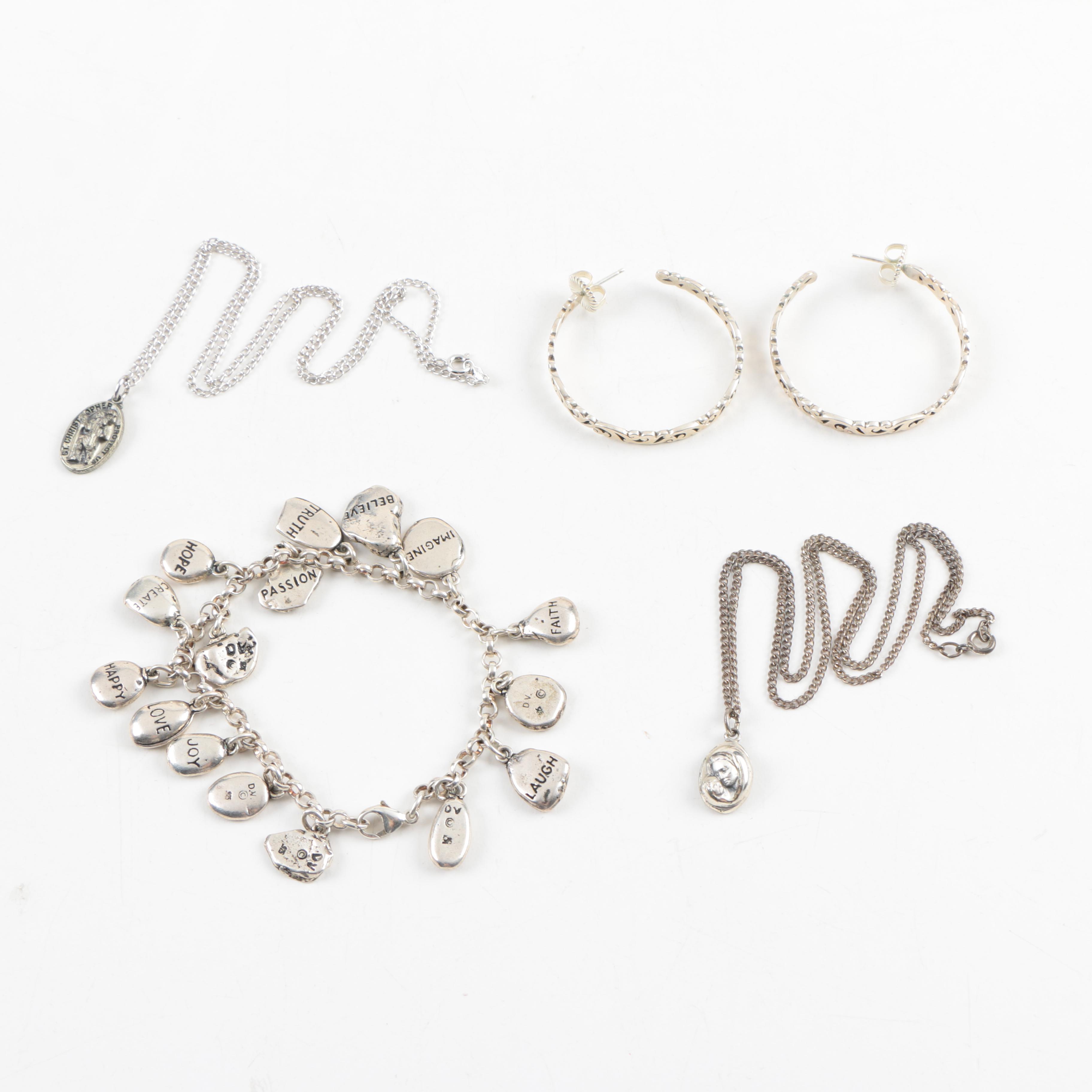 Sterling Silver Jewelry Including a Charm Bracelet