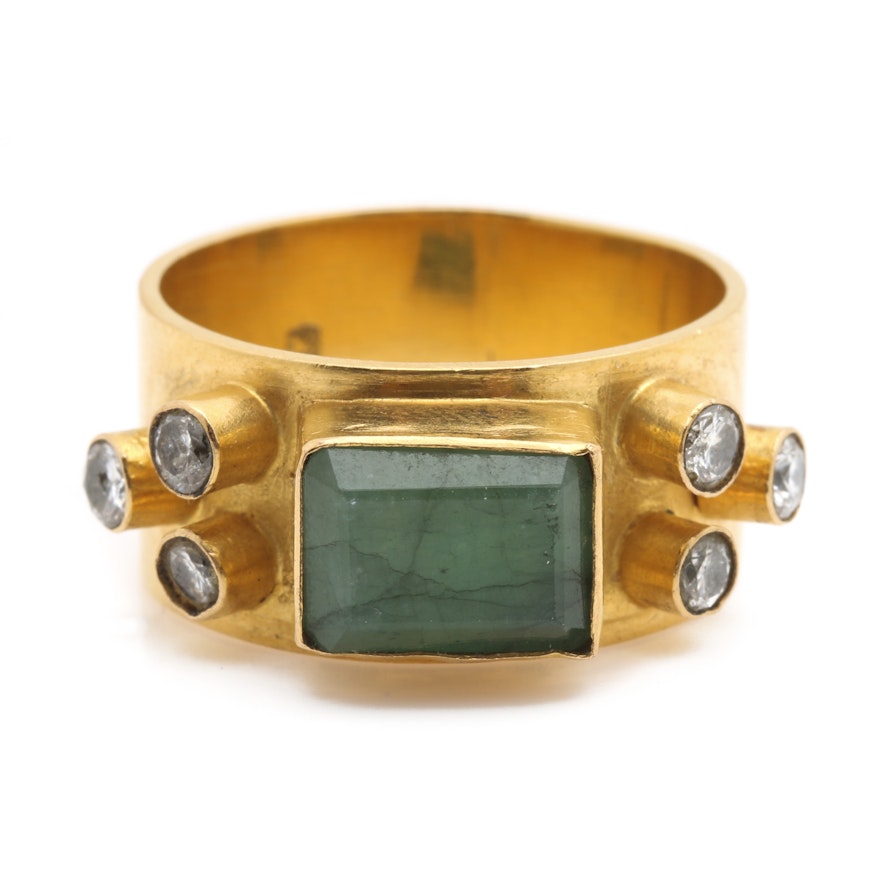 22K Yellow Gold Emerald and Diamond Ring