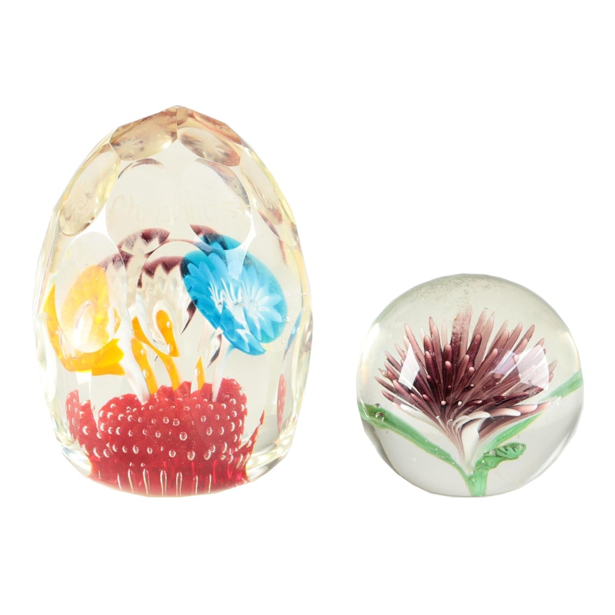 Two Floral Motif Glass Paperweights