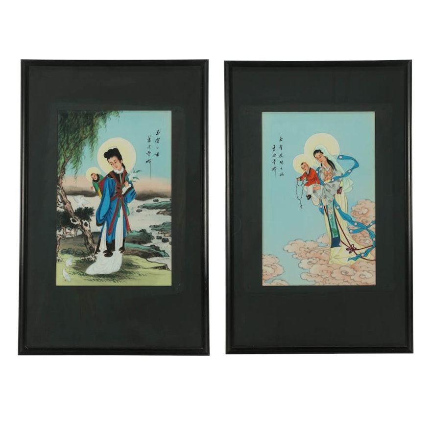 Pair of Chinese Chiristian Paintings on Fabric
