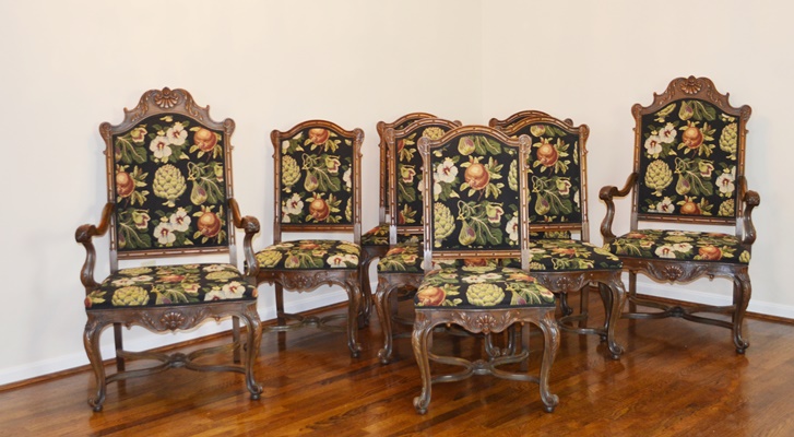 Carved Wood and Upholstered Dining Chairs, Set of Eight