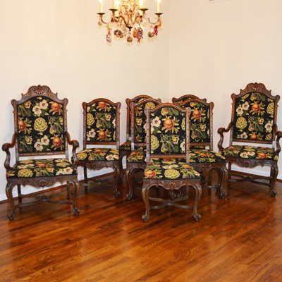 Carved Wood and Upholstered Dining Chairs, Set of Eight