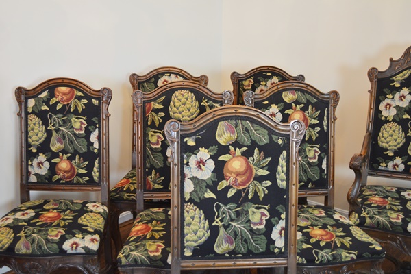 Carved Wood and Upholstered Dining Chairs, Set of Eight