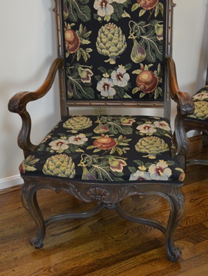Carved Wood and Upholstered Dining Chairs, Set of Eight