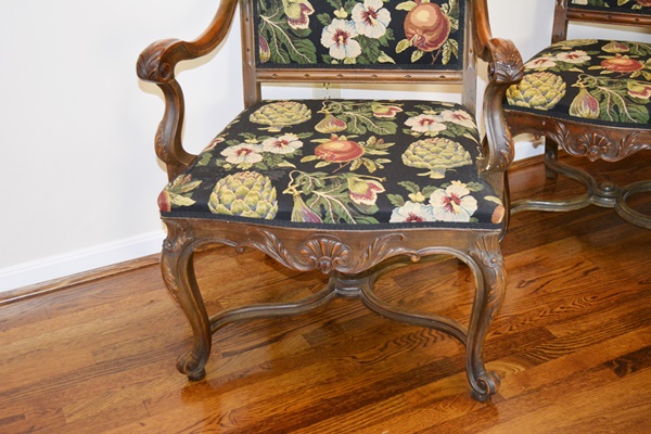 Carved Wood and Upholstered Dining Chairs, Set of Eight