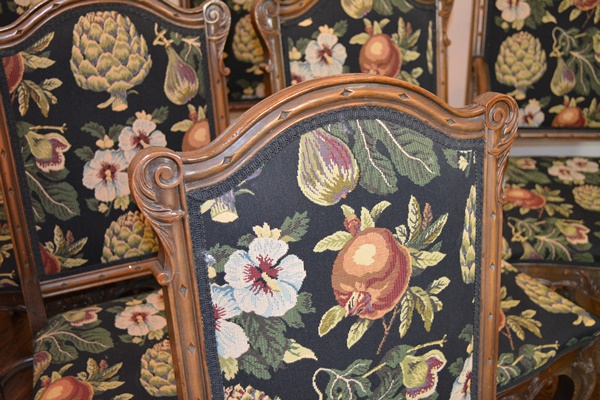 Carved Wood and Upholstered Dining Chairs, Set of Eight