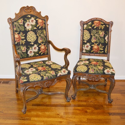 Carved Wood and Upholstered Dining Chairs, Set of Eight