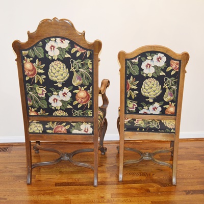 Carved Wood and Upholstered Dining Chairs, Set of Eight