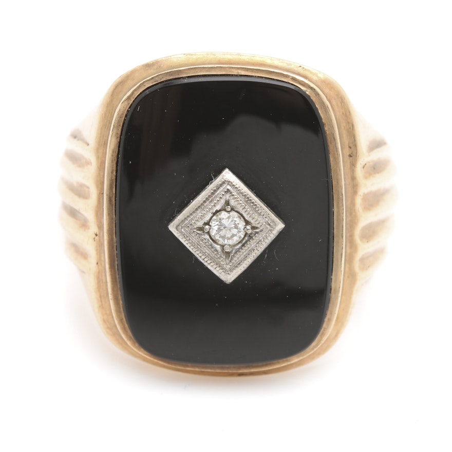 10K Yellow Gold Onyx and Diamond Ring