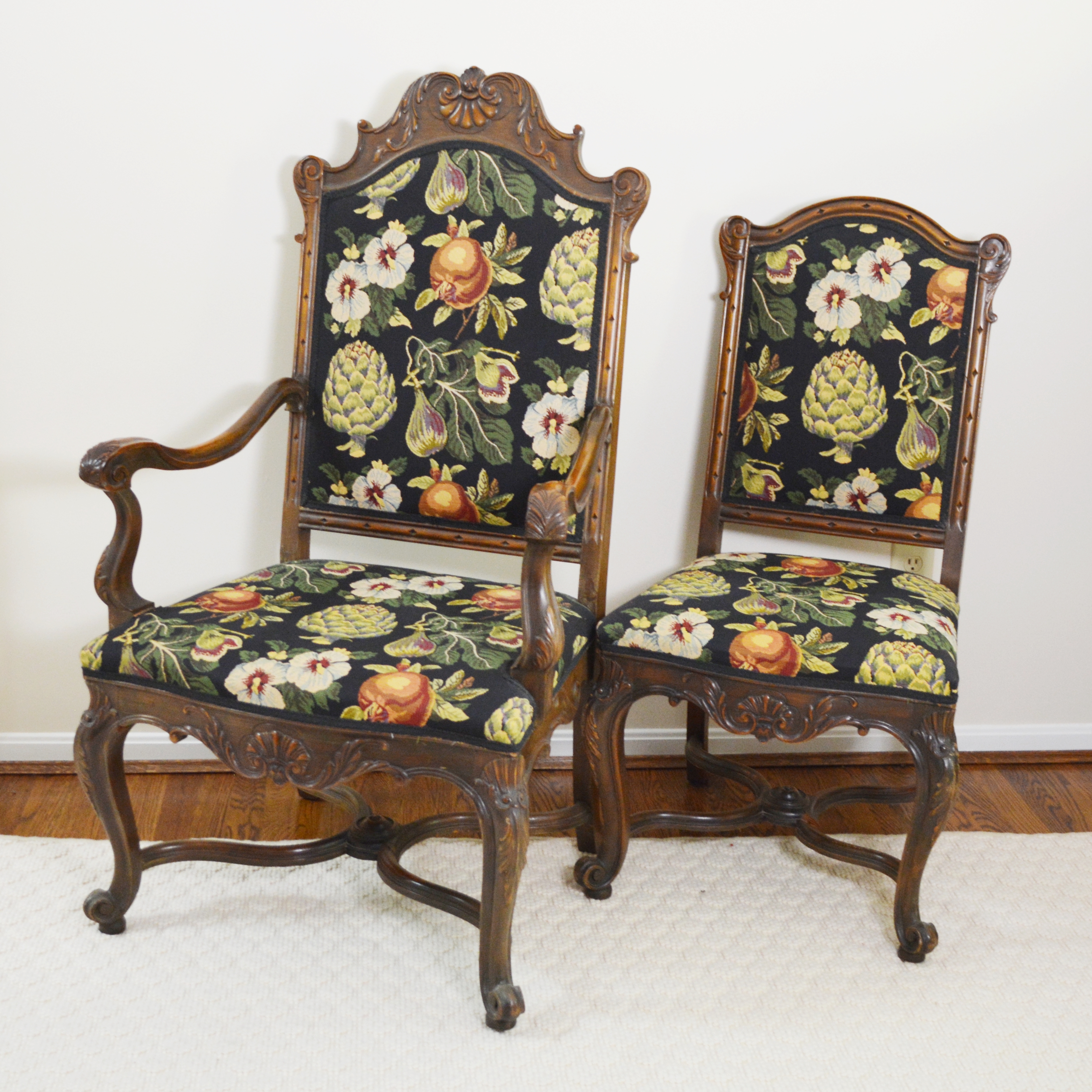 Carved Wood and Upholstered Dining Chairs, Set of Eight