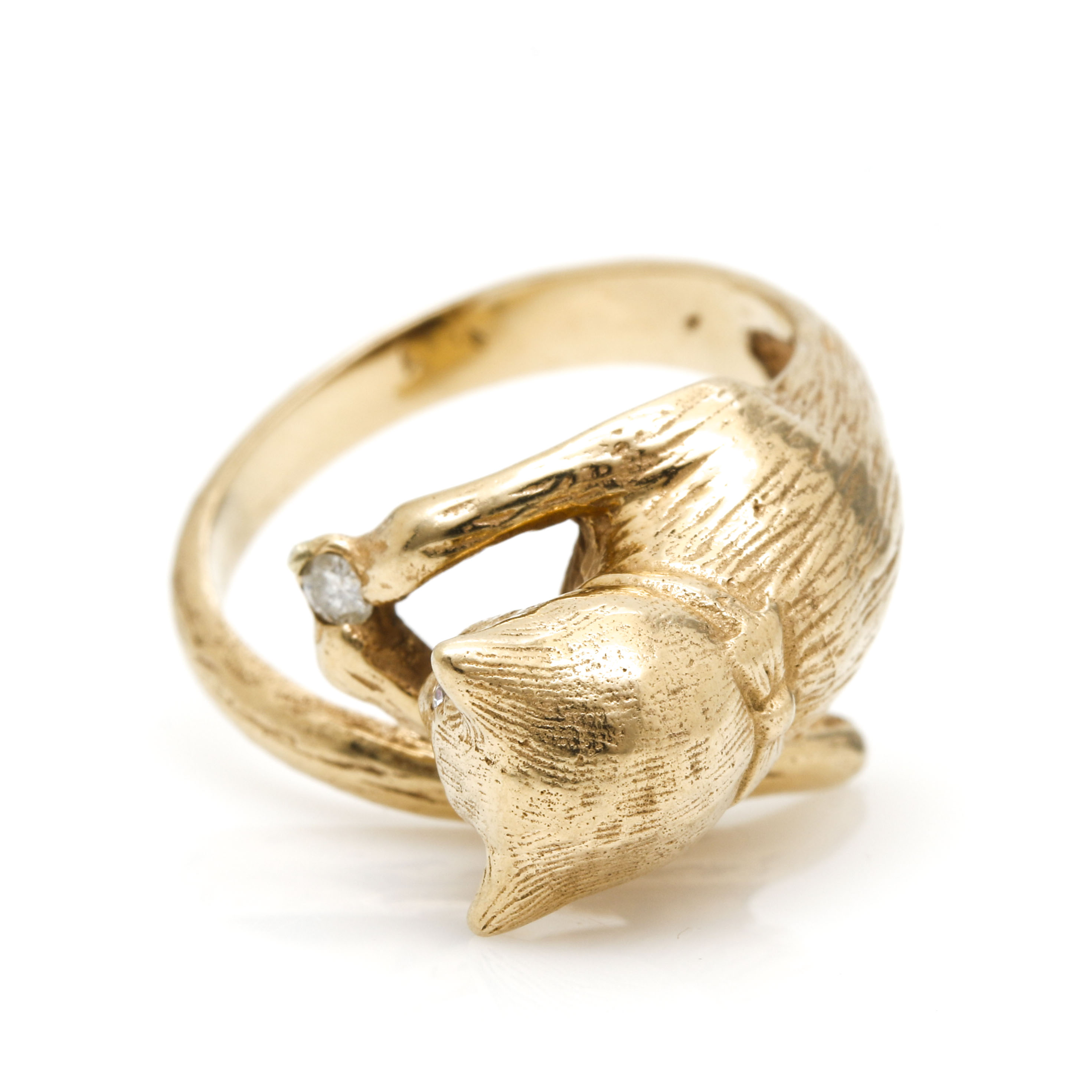 14K Yellow Gold Diamond Cat Ring