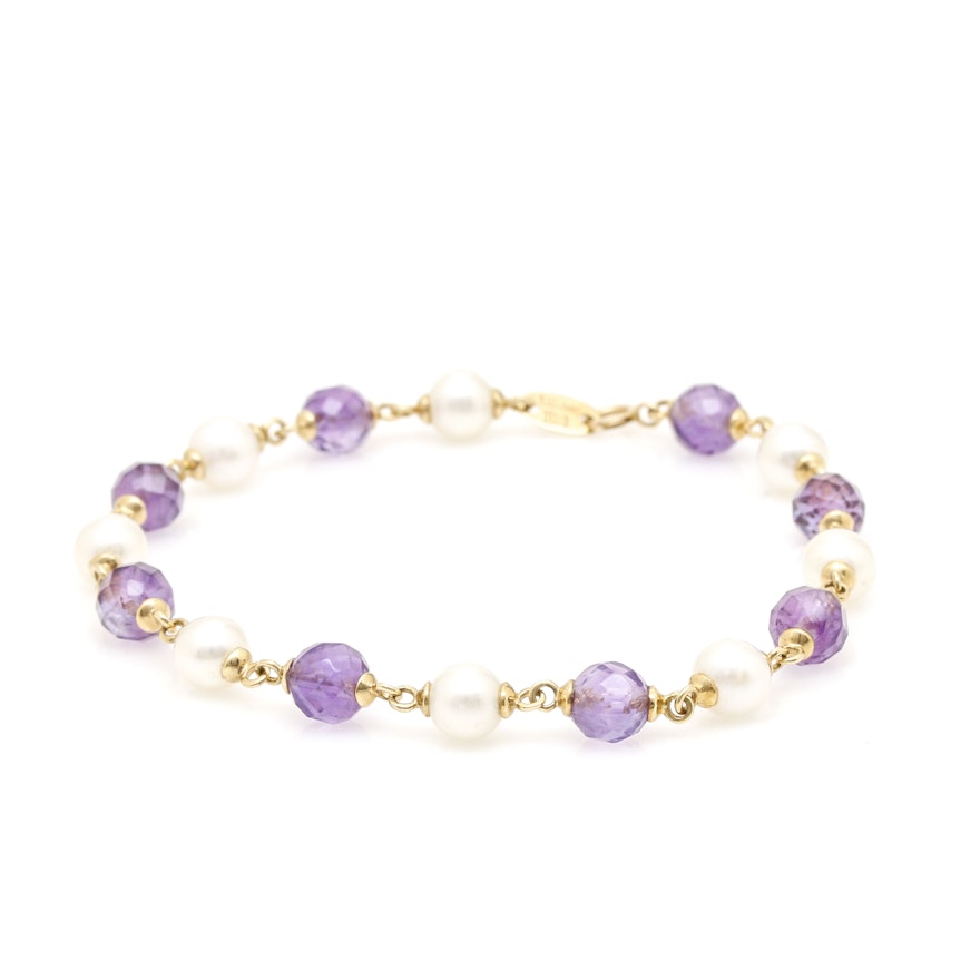 14K Yellow Gold Amethyst and Cultured Pearl Bracelet