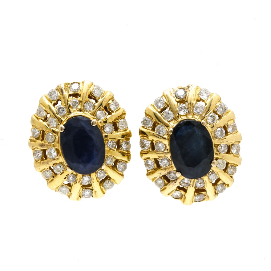 14K Yellow Gold Sapphire and Diamond Earrings