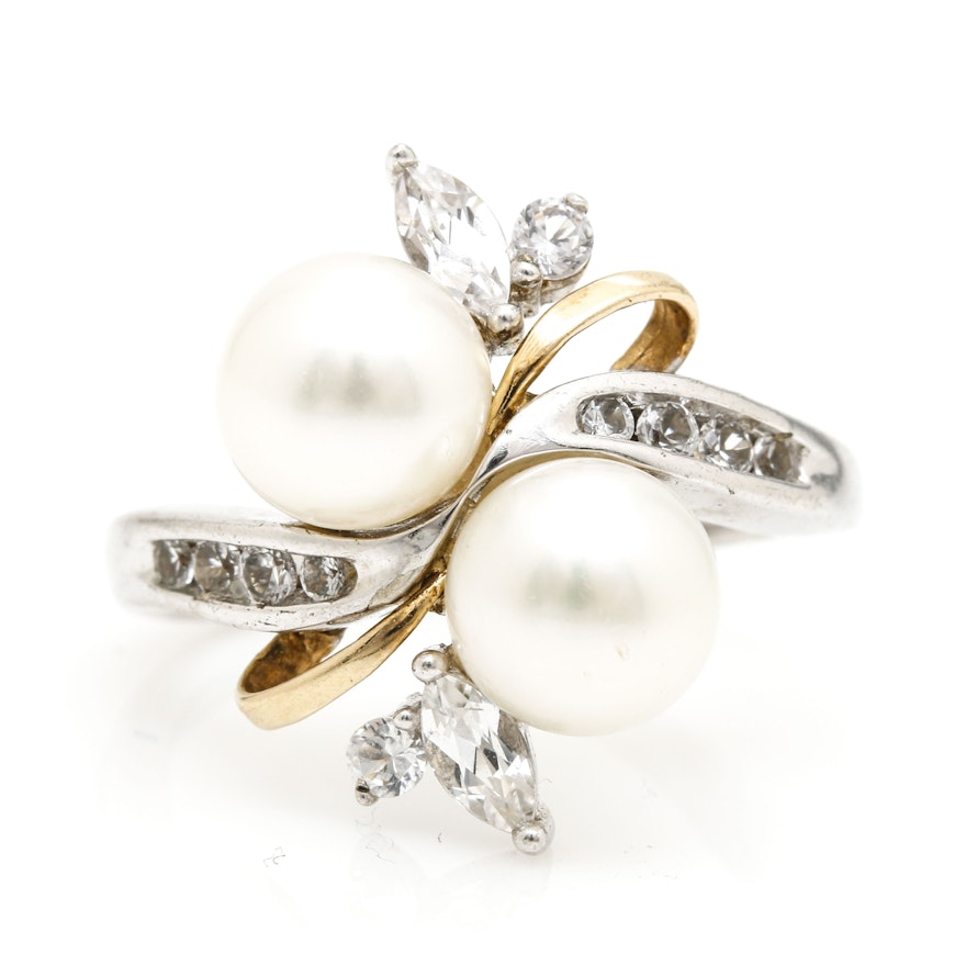 Sterling Silver Pearl and White Sapphire Ring With 14K Yellow Gold Accents