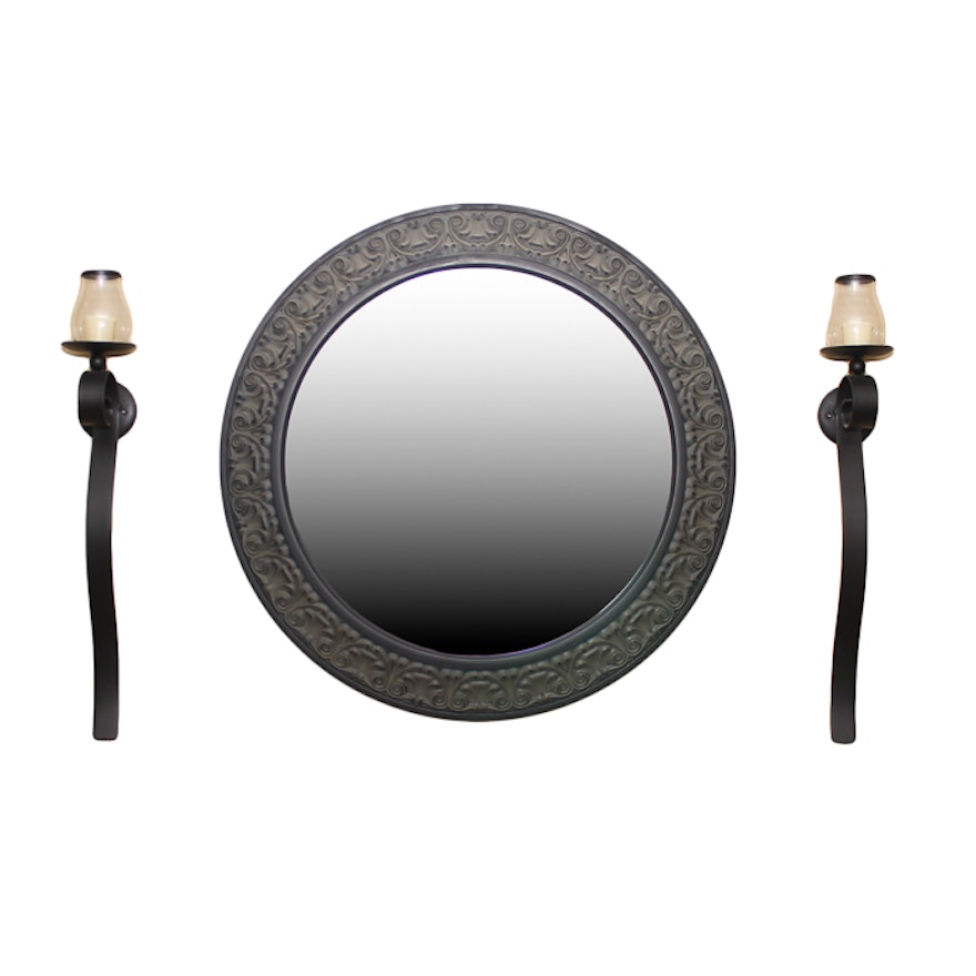 Round Wall Mirror with Pair of Wall Mounted Candle Sconces