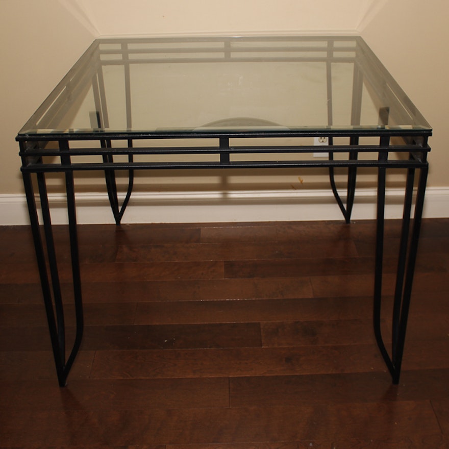 Contemporary Style Dining Table with Metal Frame and Glass Top