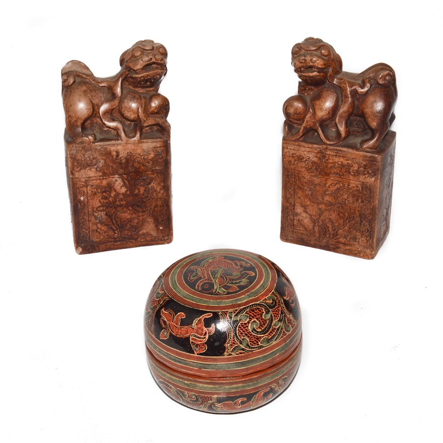 Chinese Soapstone Guardian Lion Bookends With Nested Boxes