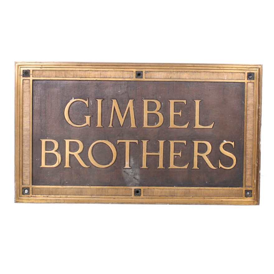 Circa 1910 Bronze Gimbel Bothers Storefront Sign